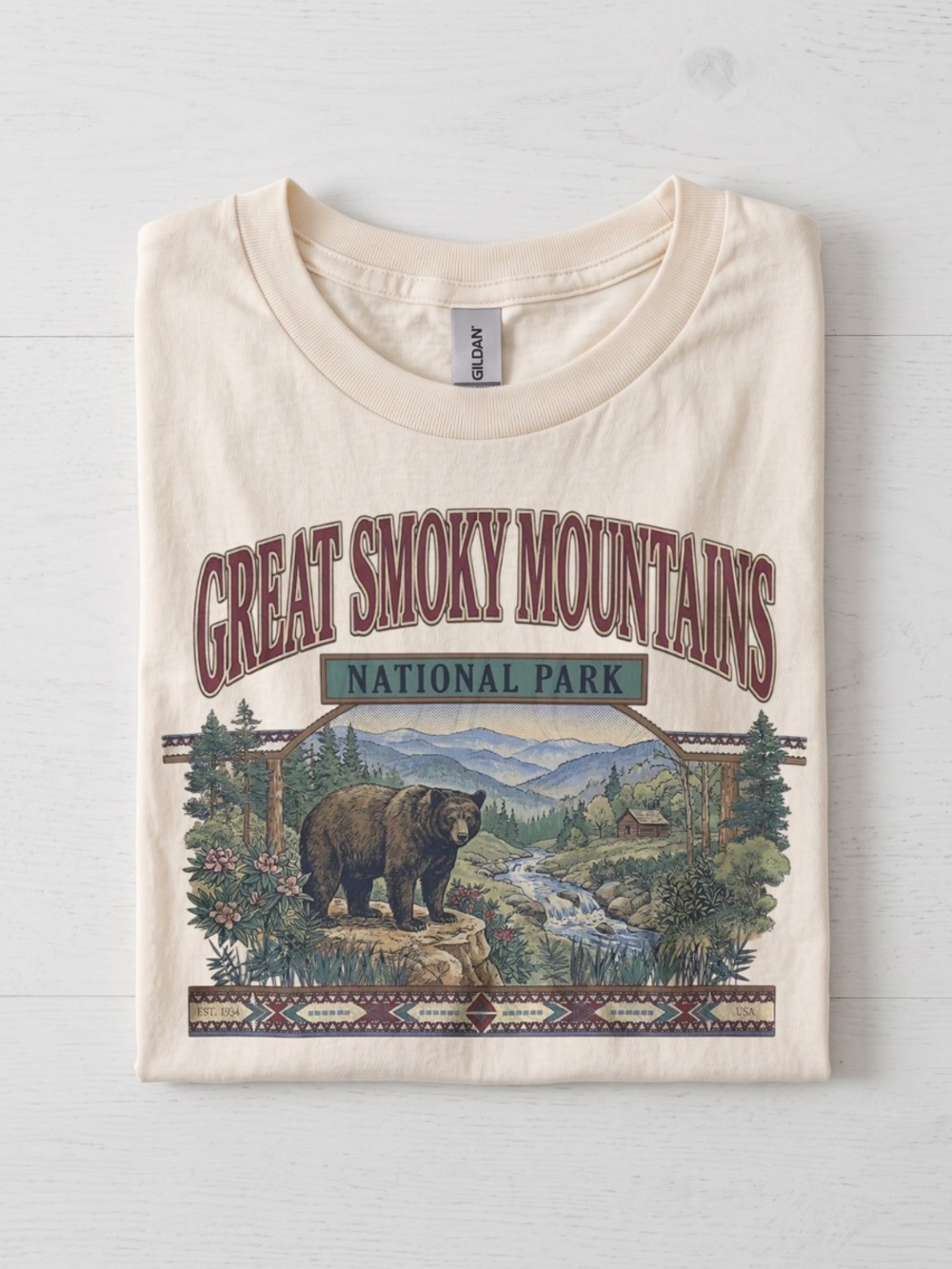 Gildan Cream Great Smoky Mountains Bear Graphic Tee